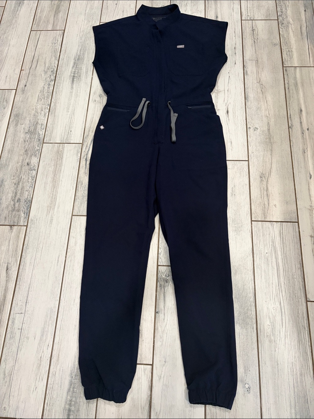 Figs Women's Navy Zip-Front Jumpsuit with Drawstring Waist